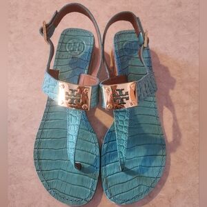 Tory Burch Teal Croc-Embossed Leather Thong Sandals with Gold Logo